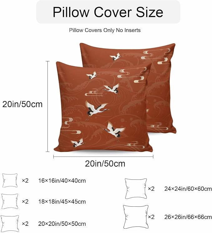 Japanese Style Outdoor Pillow Covers 20x20 Inch Throw Pillow Covers Set of 2 Waterproof Decorative Pillow Cases Vintage Art Cranes Ocean Wave Red Cushion Covers for Patio Furniture Garden Couch Sofa