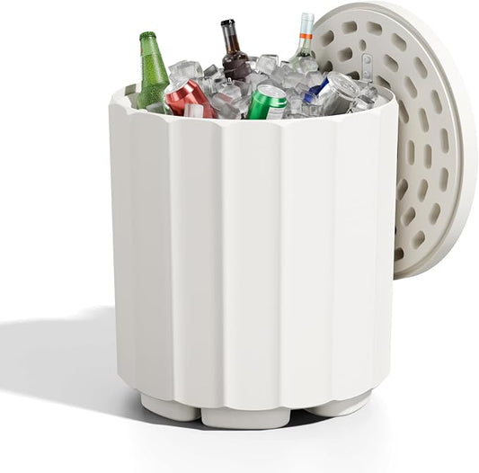 Outdoor Cooler Side Table, 2-in-1 Versatile Ice Cooler Table All-Weather Resistant, Broad Fluted Outdoor Accent Table with Hangable Lid for Patio Decor, Deck, BBQ, Beach, White