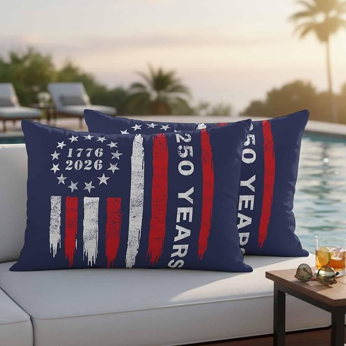 250 Years America Outdoor Pillow Covers 20"x12" Set of 2, Waterproof Throw Pillow Covers for Patio Furniture, USA 250th Anniversary Red White Blue Decorative Cushion Covers for Porch