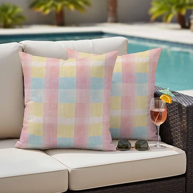 Colorful Plaids Outdoor Waterproof Throw Pillow Covers Set of 2, 16"x16", Pink Blue Yellow Stripes Geometric Rustic Decorative Pillow Covers Outside Cushion Case for Patio Porch Garden