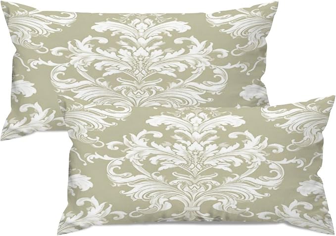 Set of 2 Tan Off Green White Damask Pattern Print Pillow Covers 12x24in Farmhouse Canvas Cushion Covers Outdoor for Couch Chair Home Decor for Family Friends