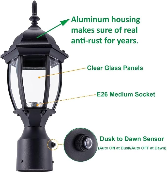 Outdoor Post Light Dusk to Dawn, Rustproof Aluminum, Black | Exterior Lamp Post Light Fixture for Garden, Yard, Pathway, Waterproof, Glass, E26 Base, Max 60W