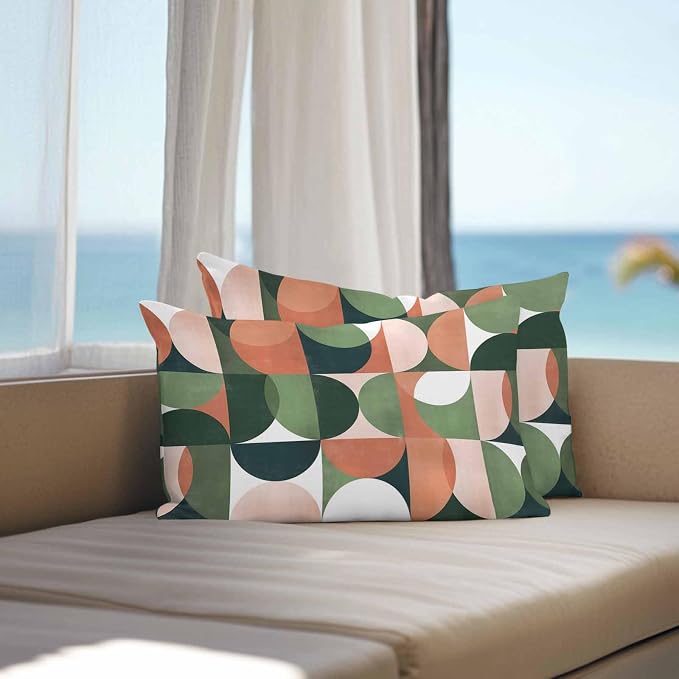 Vandarllin Outdoor Throw Pillows Covers 20x12 inch Set of 2 Waterproof Mid Century Geometric Decorative Zippered Cushion Covers for Patio Furniture, Abstract Modern Green Orange Lumbar Pillowcases