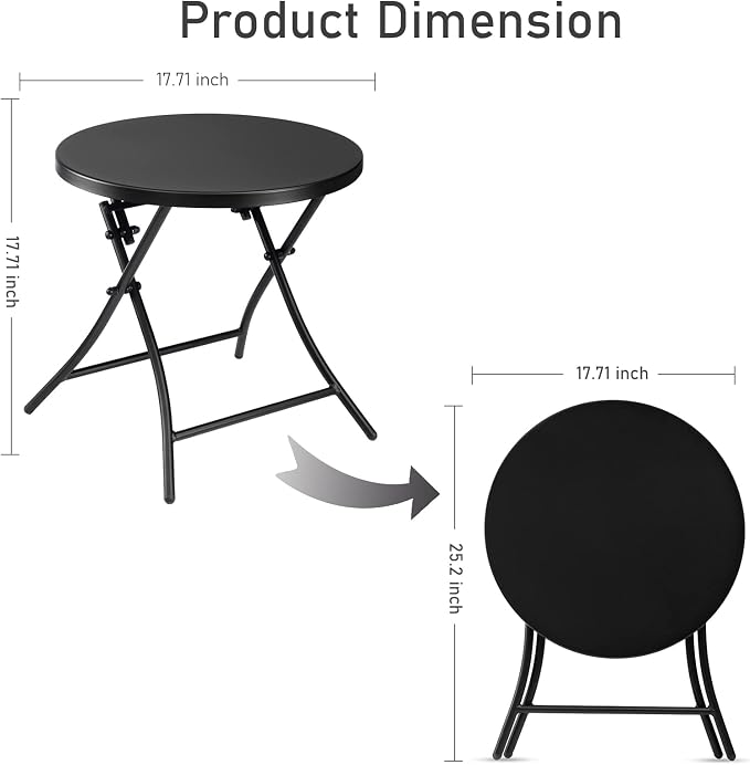 Outdoor Side Table, Folding Round Metal End Table, Weather Resistant Small Patio Accent Table for Porch Yard Balcony Deck (All Black)