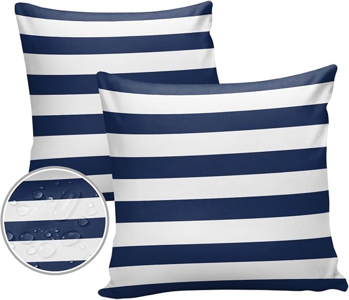 Outdoor Throw Pillow Cover Simple Navy Blue White Stripes Waterproof Cushion Covers 2 Pack Nautical Theme Stripe Pillow Cases Home Decoration for Patio Garden Couch Sofa