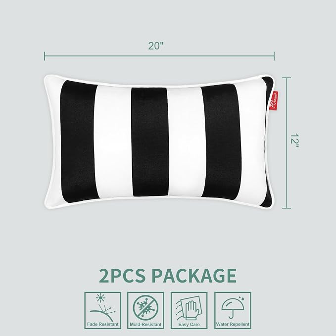Pack of 2 Outdoor Lumbar Pillows,20x12 Inch All-Weather Water-Resistant Patio Pillows with Inserts,Decorative Pillows for Patio Furniture,Couch,Sofa,Poolside,Black White