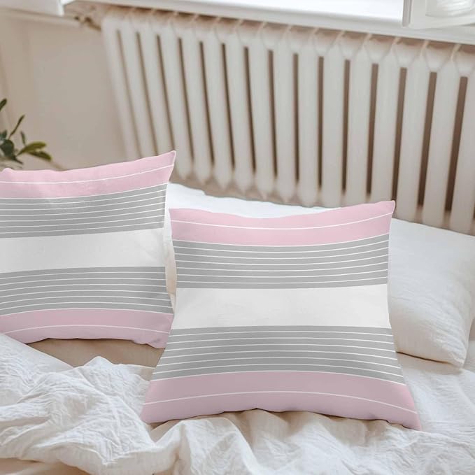 Pink Grey Stripe Outdoor Pillow Covers Waterproof, All Weather Cushion Case Set of 2, Modern Art Horizontal Striped Decorative Pillowcases for Sofa Couch Bed Decor Patio Furniture 18"x18"