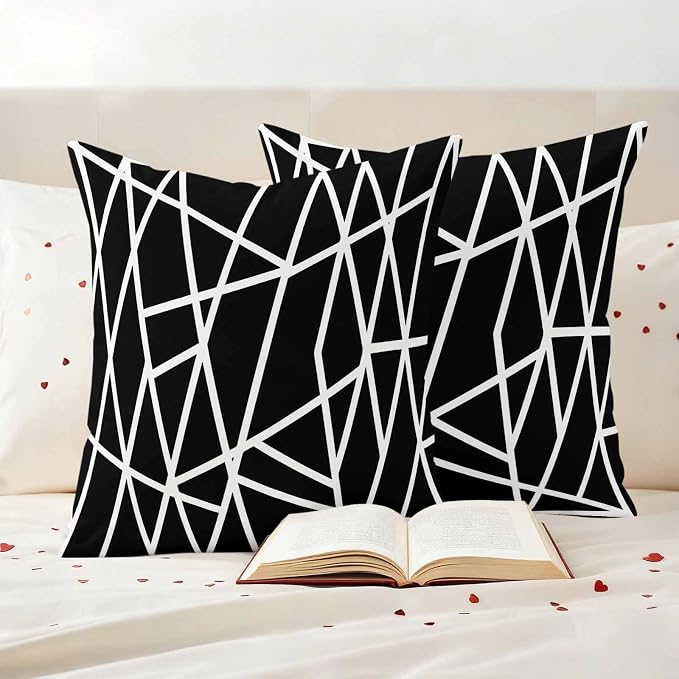 Outdoor Pillow Covers Waterproof, Black Geometric Decorative Square Throw Pillowcases Patio Cushion Covers for Tent/Garden, 24" x 24" 2 Pack, Abstract Stripes Modern Simple