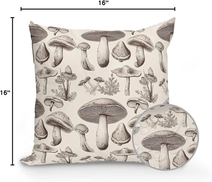 Outdoor Waterproof Throw Pillows Retro Mushroom Vintage Botanical Patio Pillows Pack of 1,Decorative Pillow Covers with Insert,Pillow Cushion Case for Garden Couch Sofa Aesthetic Plant Leaves
