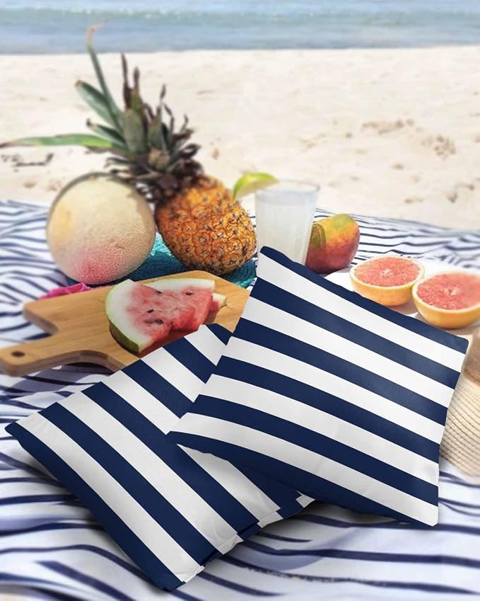 Simple Navy Blue White Stripes Outdoor Pillow Covers Set of 2,Decorative Waterproof Throw Pillow Case, Nautical Theme Stripe Cotton Linen Soft Cozy Cushion Pillowcases