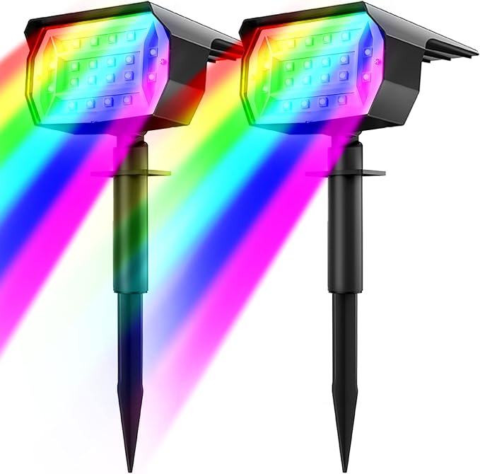 nipify Solar Spot Lights Outdoor Color Changing, Halloween RGB Spotlights | 2 Pack/7 Modes, Waterproof, Solar Powered, Landscaping, Lighting for Outside Pathway Yard Wall Garden Walkway