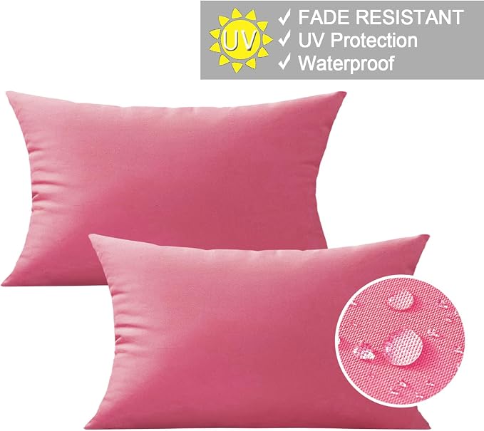 VAKADO 12x20 Outdoor Waterproof Throw Pillow Covers Set of 2 Decorative Outside Patio Furniture Cushion Cases Decor for Garden Bench Porch Couch Tent,Hot Pink