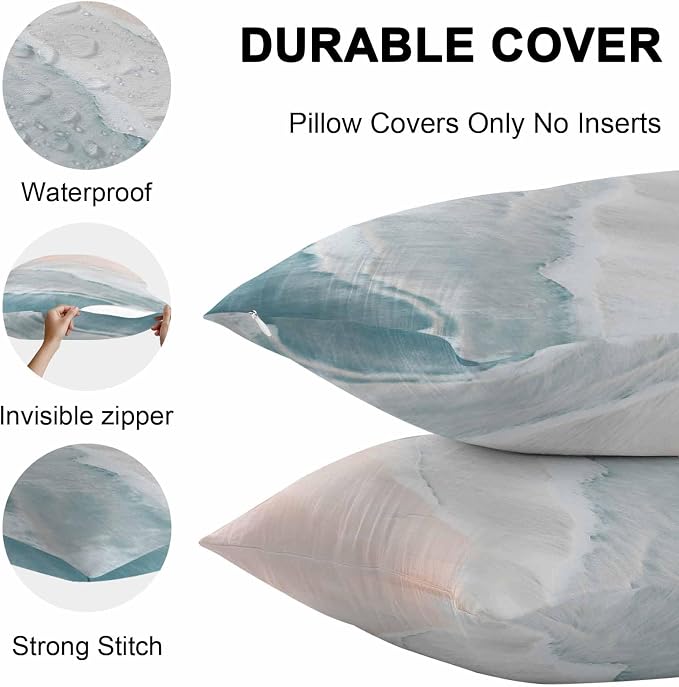 Outdoor Throw Pillow Cover Watercolor Blue White Wave Ripple Ocean Beach Waterproof Cushion Covers 2 Pack Coastal Landscape Pillow Cases Home Decoration for Patio Garden Couch Sofa