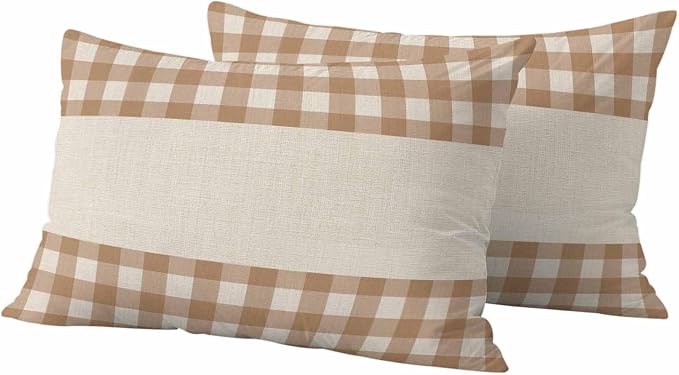 Retro Brown Outdoor Waterproof Pillow Covers, Farmhouse Buffalo Plaid Vintage Beige Decorative Rectangle Throw Pillowcase Sofa Cushion Sham for Patio/Couch/Chair, 20"x12" 2 Pack
