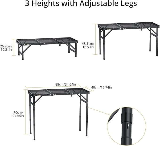 Anbte Folding Grill Table, 3ft Tri-Fold Aluminum Folding Table Adjustable Height Max 27.5" Grill Table with Mesh Desktop, Lightweight, Portable Handle for Outdoor Cooking BBQ Picnic (Black)