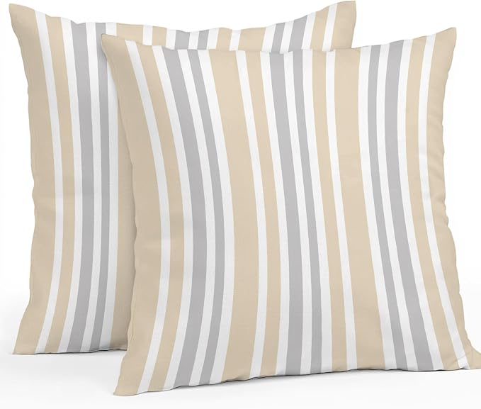 Beige Grey Stripe Outdoor Pillow Covers 26x26 Inch Throw Pillow Covers Set of 2 Waterproof Decorative Pillow Cases Farmhouse Minimalist Striped Cushion Covers for Patio Furniture Garden Couch Sofa
