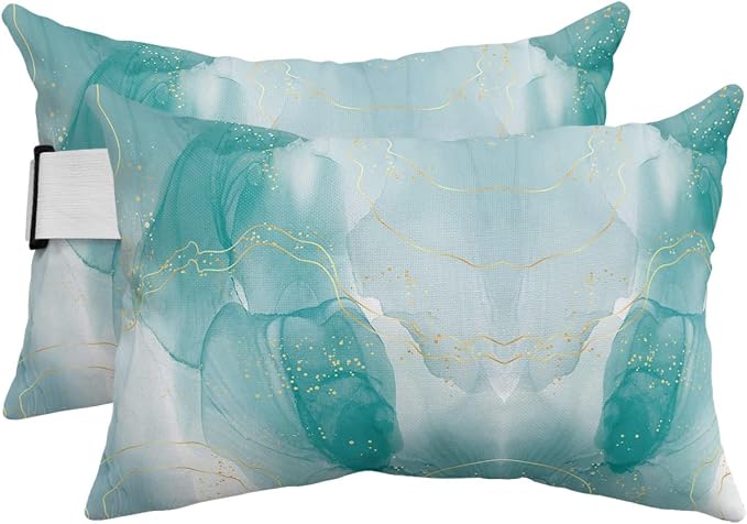 Outdoor Pillows Covers with Inserts Teal Green Marble Yellow Lines Gradient Waterproof Recliner Pillow with Adjustable Strap Throw Pillows for Patio Furniture Pool Lounge Chair, 11x16 inch, 2PCS
