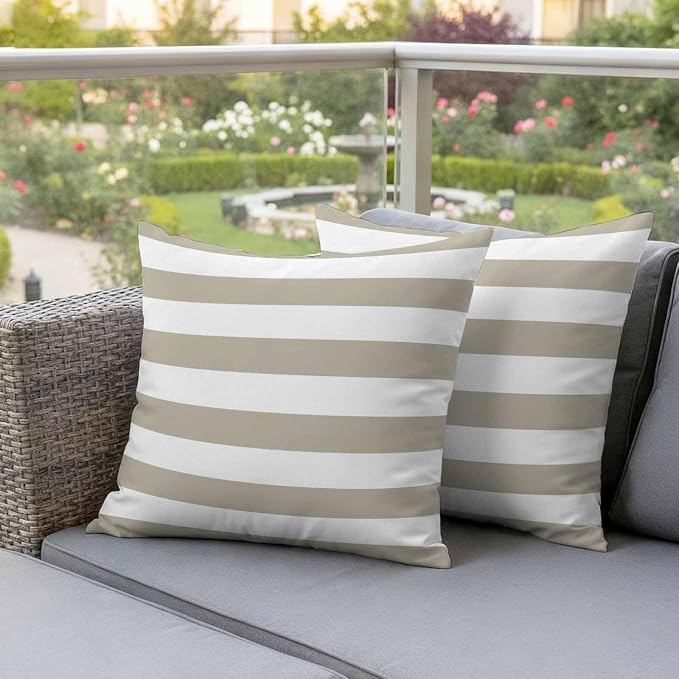 JasmineM Outdoor Pillow Cover 16x16 Inches Set of 2 Tan and White Stripe Waterproof Throw Pillow Covers Taupe Tan Brown Stripes Decorative Pillowcases Garden Cushion Case for Patio Couch Sofa