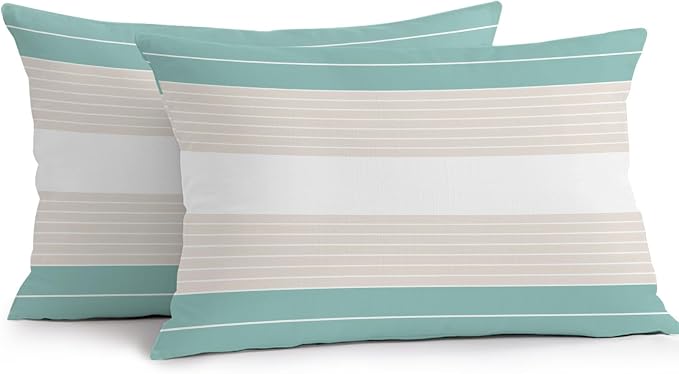 Turquoise Beige Stripe Outdoor Pillow Covers Waterproof, All Weather Cushion Case Set of 2, Modern Art Horizontal Striped Lumbar Pillowcase for Sofa Couch Bed Decor Patio Furniture 20"x12"