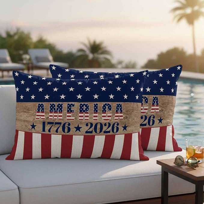 250th Anniversary Outdoor Pillow Covers 20"x12" Set of 2, Waterproof Throw Pillow Covers for Patio Furniture, USA Flag Red Striped Blue Star Retro Decorative Cushion Covers for Porch