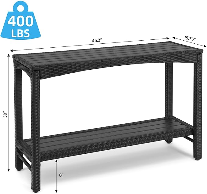 Outdoor Console Table Patio Buffet Bar Storage Organizer 45" Long Wicker Sofa Serving Sideboard Table 2-Shelf Outdoor Narrow Bar Table Tall Rectangle with Adjustable Feet for Entryway Black