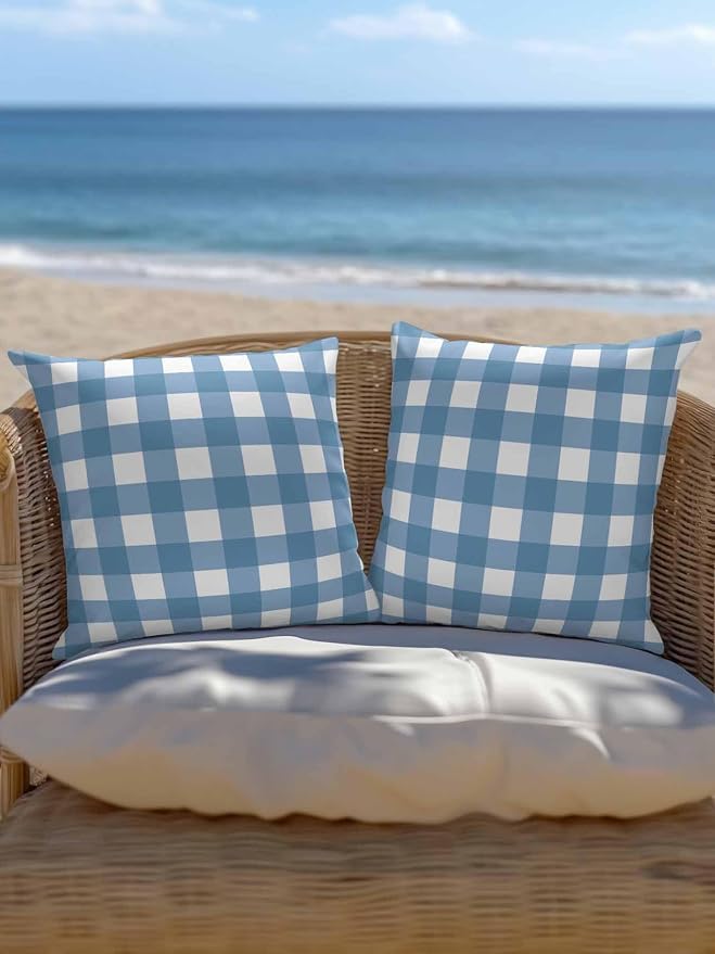 Waterproof Outdoor Pillow 1 Pack Buffalo Plaid Decorative Throw Pillows Cover & Insert 16x16 Inch Pillowcase Blue Check Lines Square Pillows for Couch Sofa Bed Patio Furniture Indoor Outdoor
