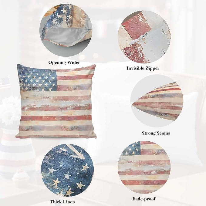 Retro American Flag Outdoor Pillow Covers 16"x16" Set of 2, Independence Day Waterproof Throw Pillow Covers for Patio Furniture, Decorative Cushion Covers for Porch