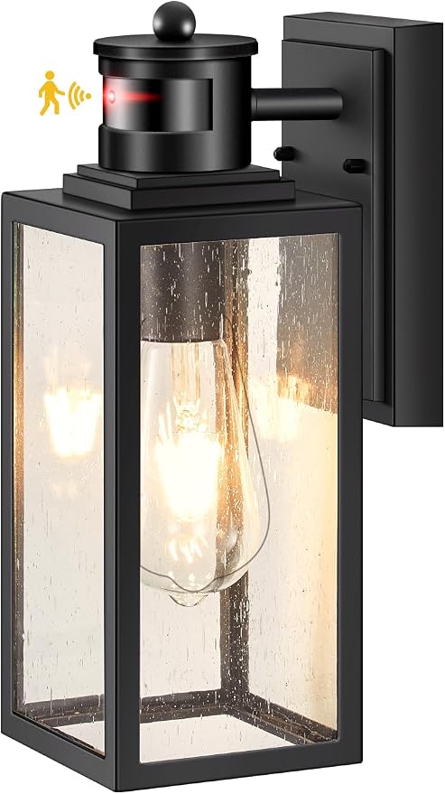 VIANIS Black Motion Sensor Porch Lights Outdoor, Modern Exterior Lighting Fixtures Wall Mount for House, Anti-Rust Waterproof Outdoor Sconce Lights for Garage, Front Door with Tempered Seeded Glass