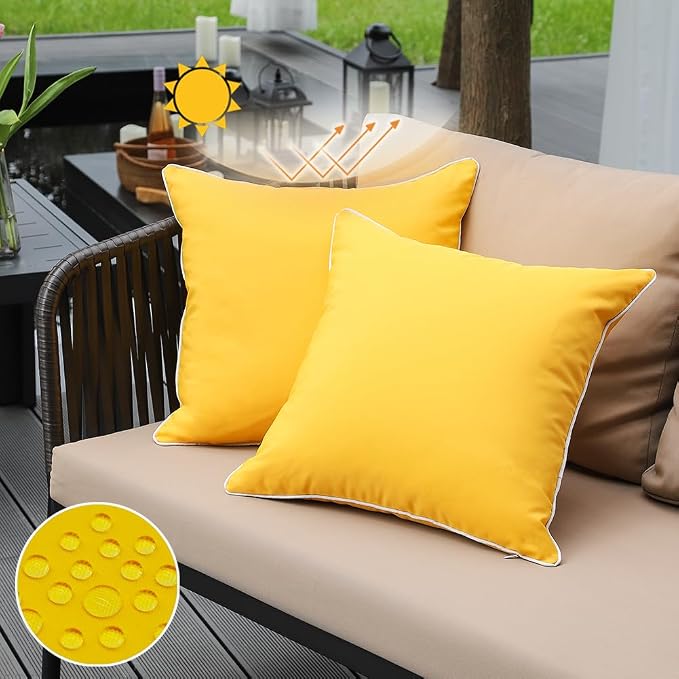 JOJOGOGO Yellow Outdoor Pillows Waterproof Throw Pillow Covers 18x18 Set of 2, Summer Yellow Outdoor Patio Decor Pillows, Porch Sunproof Pillow Covers 18 x 18 for Patio Furniture (with White Piping)
