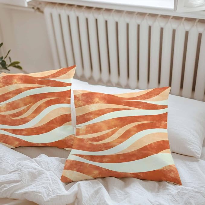 Burnt Orange Waves Waterproof Outdoor Pillow Covers Set of 2 Home Decor, Ombre Sea Ripples Shabby Beach Pillowcase Patio Pillow Covers for Couch Bench Furniture Garden 26x26in