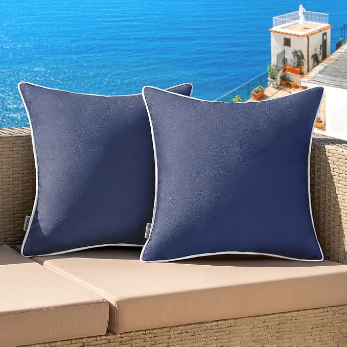 MIULEE Outdoor Waterproof Pillow Covers 18x18 Navy Pack of 2 | Decorative Farmhouse Throw Pillow Covers with Piping,Square Solid Color,Patio Furniture,Summer Couch Tent Sofa Living Room