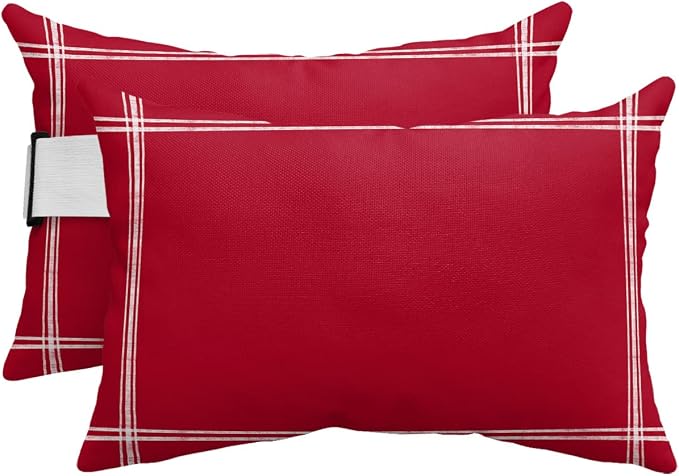 T&H XHome Outdoor Pillow for Chaise Lounge Chair, Solid Color Red Waterproof Headrest Pillow Lumbar Pillows with Insert & Adjustable Elastic Strap for Beach, Poolside, Patio, Office (2 Pack)