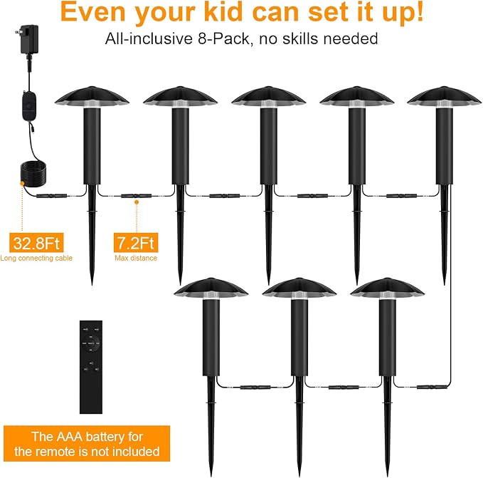 8 Pack Low Voltage Landscape Lighting Kit, 3W Metal Pathway Lights | Easy setup with transformer, dusk-to-dawn auto on/off and timer for garden, yard, walkway and driveway lighting