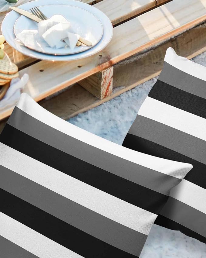 Pack of 2 Modern Stripes Outdoor Pillow Waterproof Covers 26x26 inch, Black Gray White Polyester Throw Pillow Covers Garden Cushion Decorative Case for Patio Couch Decoration