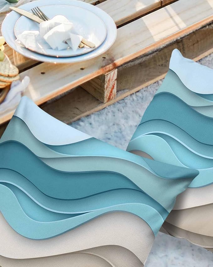 Pack of 2 Ombre Blue Brown Outdoor Pillow Waterproof Covers 24x24 inch, Abstract Wave Polyester Throw Pillow Covers Garden Cushion Decorative Case for Patio Couch Decoration