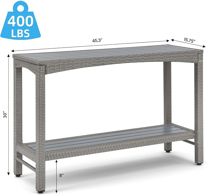 Outdoor Console Table Patio Buffet Bar Storage Organizer 45" Long Wicker Sofa Serving Sideboard Table 2-Shelf Outdoor Narrow Bar Table Tall Rectangle with Adjustable Feet for Entryway Grey