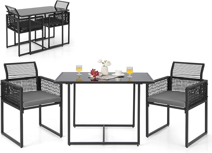 HAPPYGRILL 3 Pieces Outdoor Patio Dining Set, PE Rattan Furniture Set with Cushions, Tempered Glass Tabletop, Space-Saving Rattan Dining Chair Table Set for Backyard Poolside Balcony