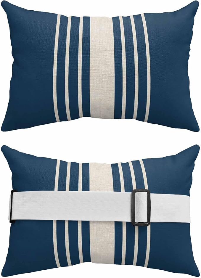 Pack of 4 Outdoor Lumbar Pillow Covers 12x20 Inch, Navy Blue Beige Striped Waterproof Throw Pillow Covers Set, Modern Farmhouse Retro Lines Indoor&Outdoor Cushion Cases for Patio Porch Beach