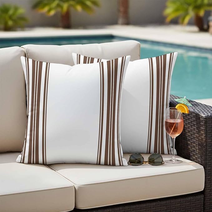 Outdoor Waterproof Throw Pillow Covers Set of 2 Brown Stripes Pillowcases 20x20 Inches White Vertical Striped Decorative Pillows Cushion Case Patio Pillows for Couch Bed Chair Garden