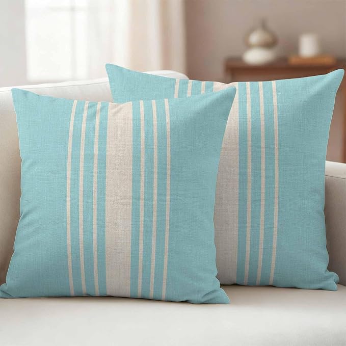 Aqua Beige Striped Outdoor Pillow Covers 16x16 Inch Throw Pillow Covers Set of 2 Waterproof Decorative Pillow Cases Modern Farmhouse Retro Lines Cushion Covers for Patio Furniture Garden Couch Sofa