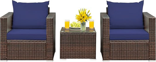 HAPPYGRILL 3-Piece Patio Furniture Set PE Rattan Wicker Sofa Set with Cushions and Coffee Table Outdoor Patio Conversation Set for Garden Poolside Balcony