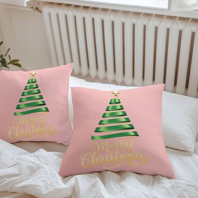 Pink Christmas Tree Outdoor Pillow Covers 20 x 20 Inches, Green Xmas Tree with Star Waterproof Throw Pillow Cover Set of 2, Christmas Pink Decorative Square Cushion Covers for Patio/Couch