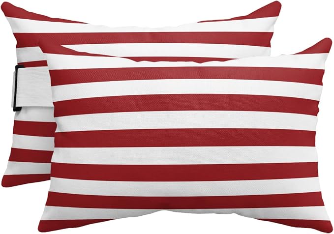 T&H XHome Outdoor Pillow for Chaise Lounge Chair, Christmas Red and White Stripe Waterproof Headrest Pillow Lumbar Pillows with Adjustable Elastic Strap for Beach, Poolside, Patio, Office (2 Pack)