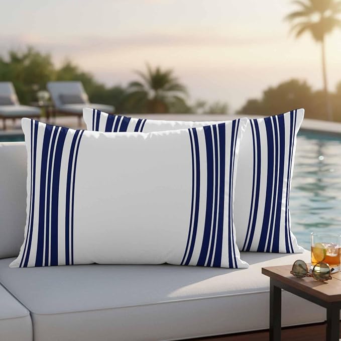 Outdoor Waterproof Throw Pillow Covers Set of 2 Navy Blue Stripes Lumbar Pillowcases 20x12 Inches White Vertical Striped Decorative Pillows Cushion Case Patio Pillows for Couch Bed Chair Garden
