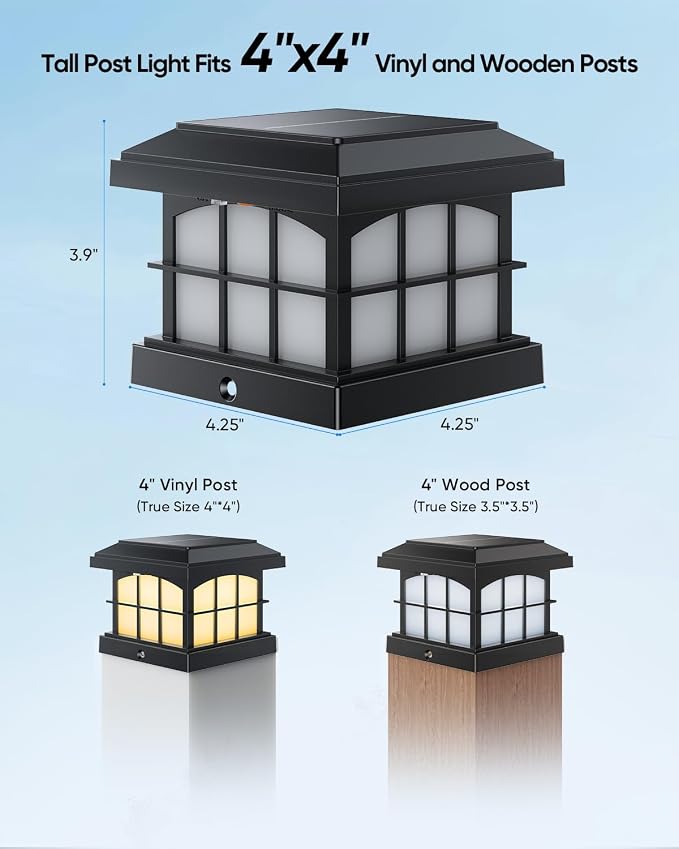 RGBCW Solar Post Cap Lights 8-Pack, 9 Colors 3 Modes Fence Caps, Bright Solar Outdoor Waterproof LED Deck Lighting for Fence Garden Deck Patio Porch Decor 4x4 Vinyl/Wood, Black