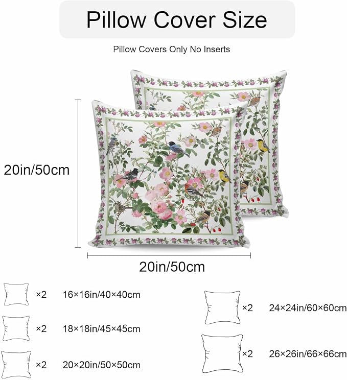 Vandarllin Outdoor Throw Pillows Covers 18x18 inch Set of 2 Waterproof Pink Floral Bird Decorative Zippered Cushion Covers for Patio Furniture, Green Leaves Branches Lumbar Pillowcases