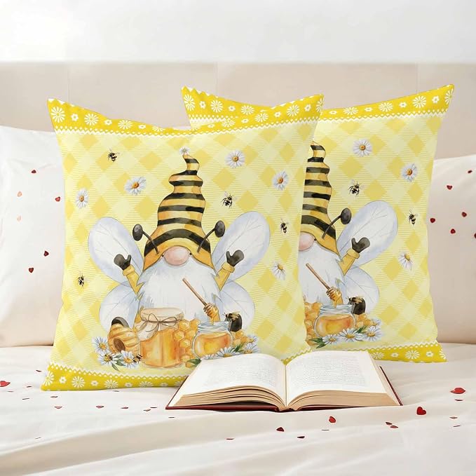 Yukro Honey Gnome Outdoor Waterproof Pillow Covers Pack of 2, Watercolor Honey Bees Floral Yellow Plaid Decorative Throw Pillowcases Cushion Covers for Garden Patio Tent Sofa Couch, 26x26 inch