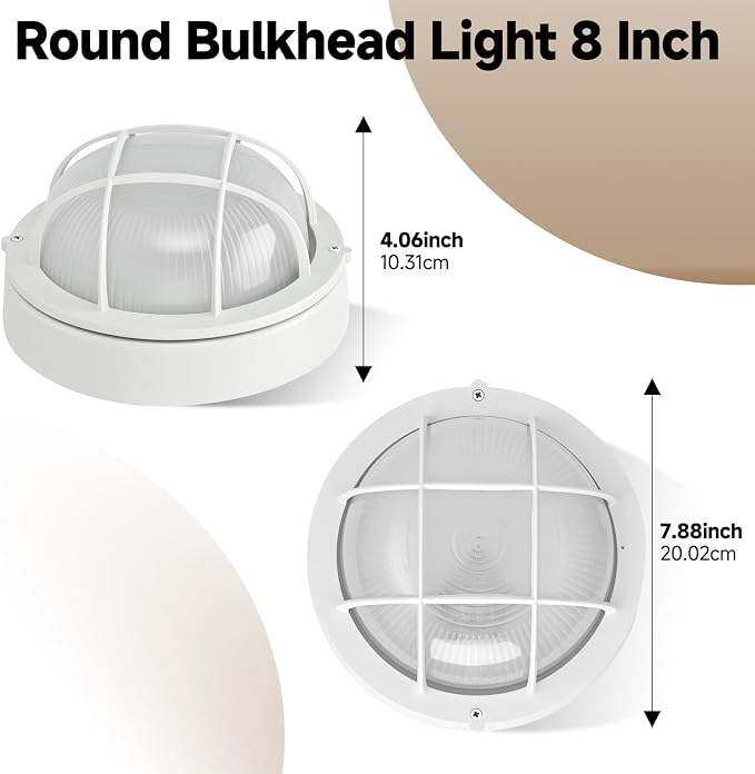 8"Outdoor Bulkhead Light, White Round Exterior Bulkhead Wall Light Fixture, Nautical Bulkhead Sconce lighting, Waterproof Sauna Light, Wall/Ceiling Flush Mount, Aluminum & Glass, E26 60W, 2 Pack