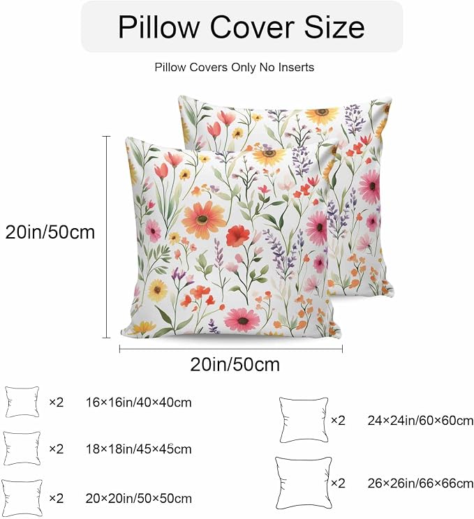 Spring Outdoor Throw Pillow Cover Watercolor Flower Leaves Waterproof Cushion Covers 2 Pack Pillow Cases Home Decoration for Patio Garden Couch Sofa,Garden Floral Art