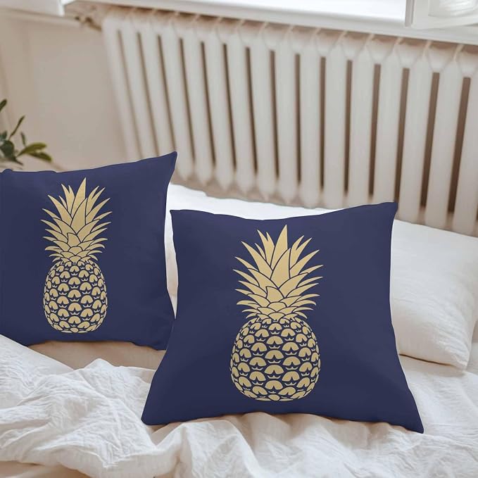 Yellow Pineapple Outdoor Waterproof Pillow Covers, Summer Fruits Navy Blue Decorative Square Throw Pillowcase Sofa Cushion Sham for Patio/Couch/Chair, 16"x16" 2 Pack